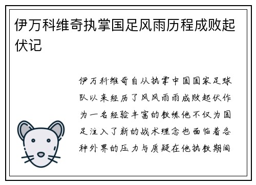 伊万科维奇执掌国足风雨历程成败起伏记